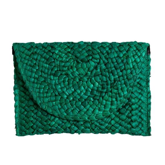 Eliza Rattan Woven Straw Clutch Emerald Green - Picture 1 of 3